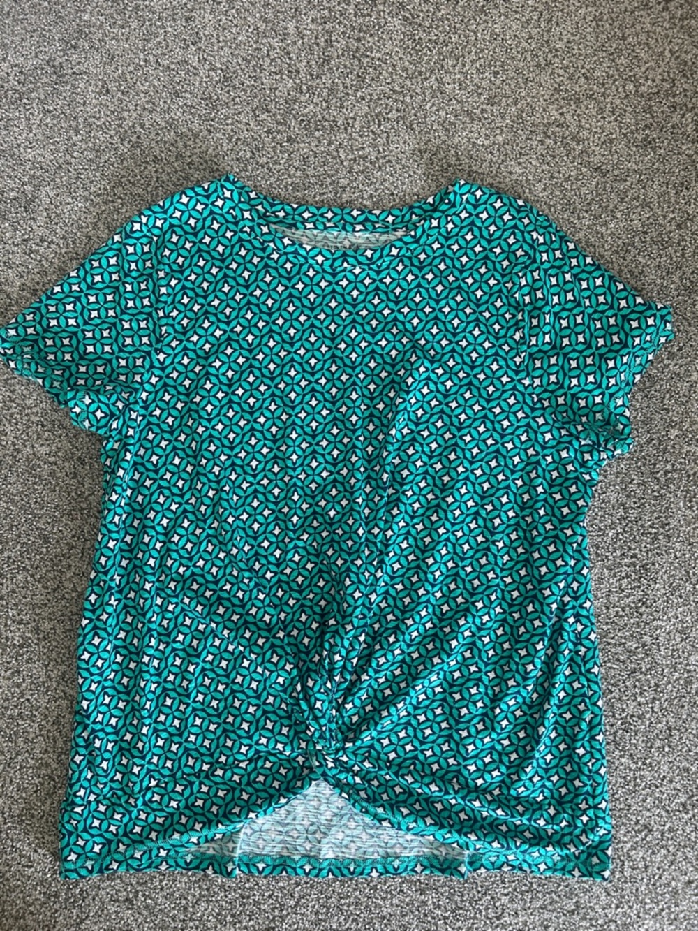 Talbots Teal Geometric Twist-Hem Short Sleeve Tee
